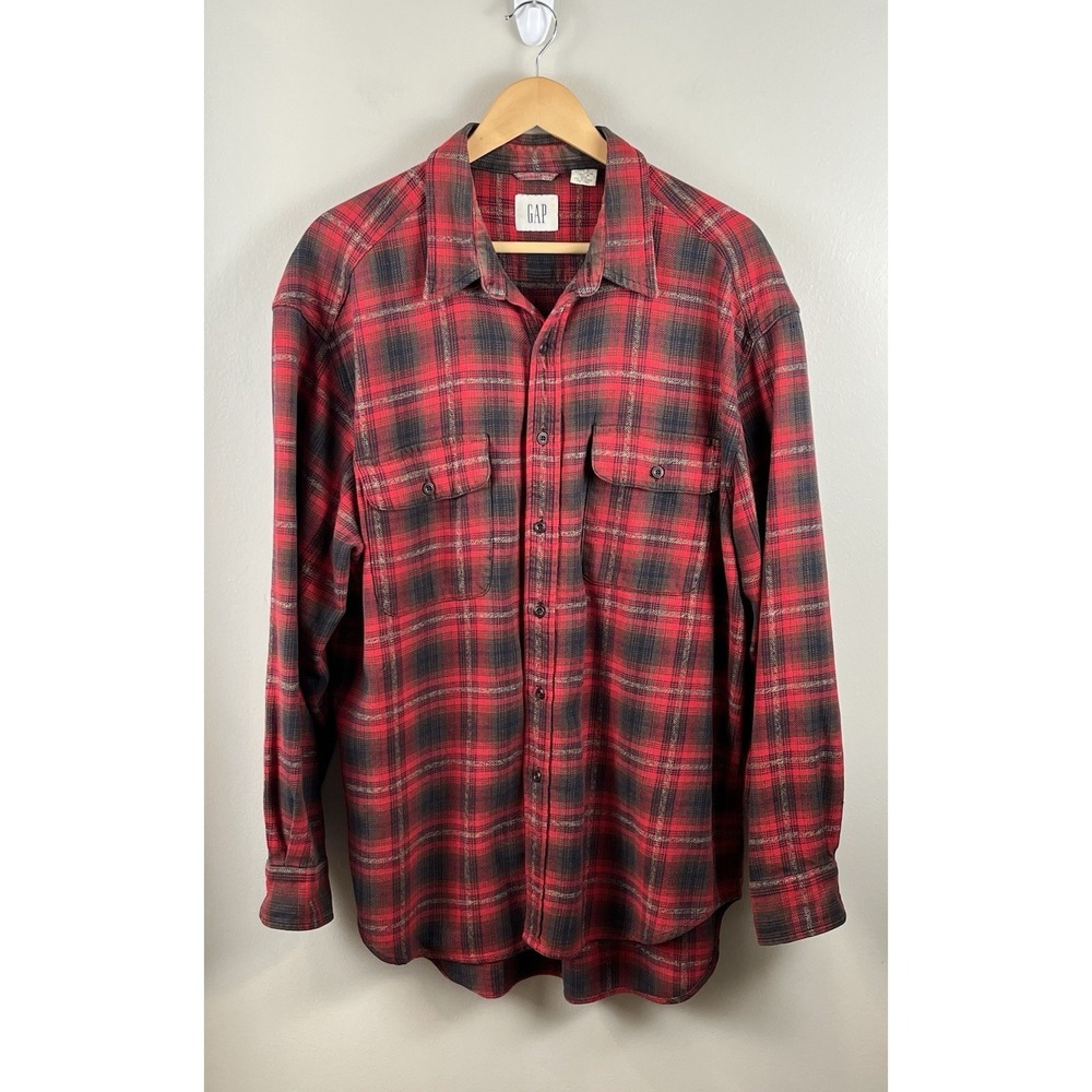 GAP Vtg‎ Button Up Shirt Mens Lg Red Black Flannel Plaid Long Sleeve Work Y2K